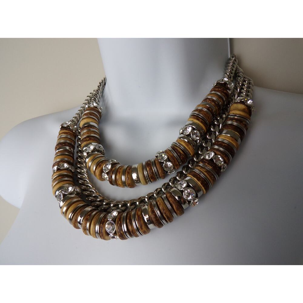 Givenchy Silver Crystal/Wood Chain Link Bead Layered Necklace